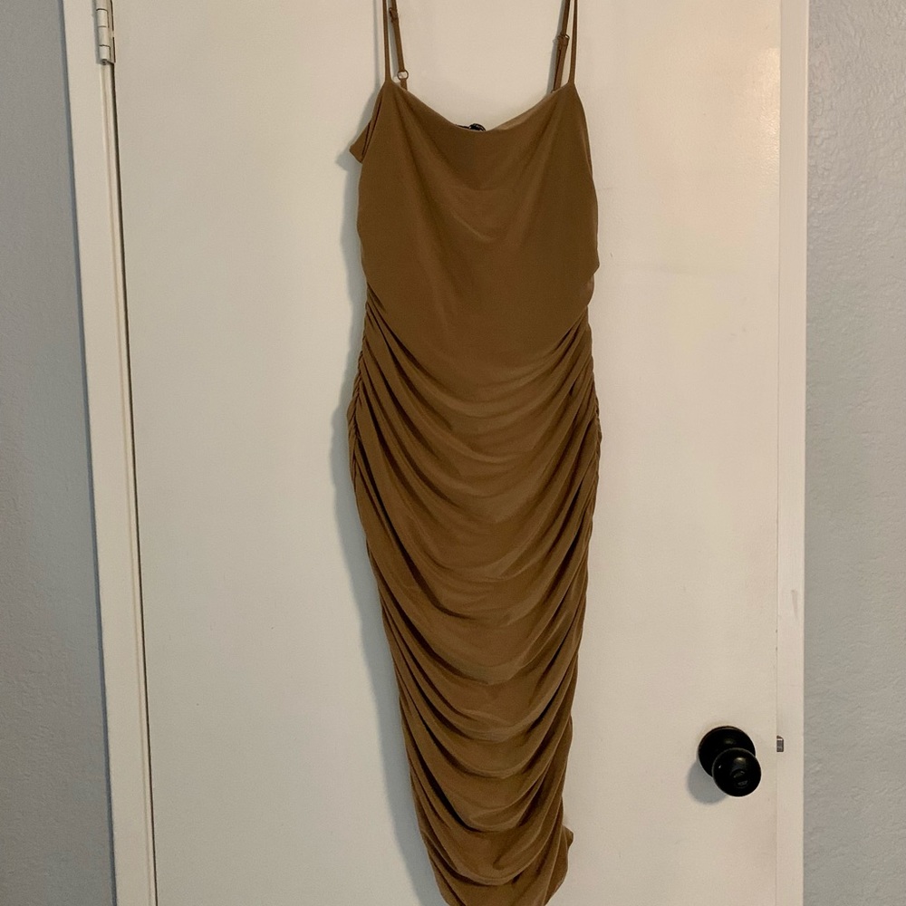 Guess Tan Ruched Bodycon Midi Dress